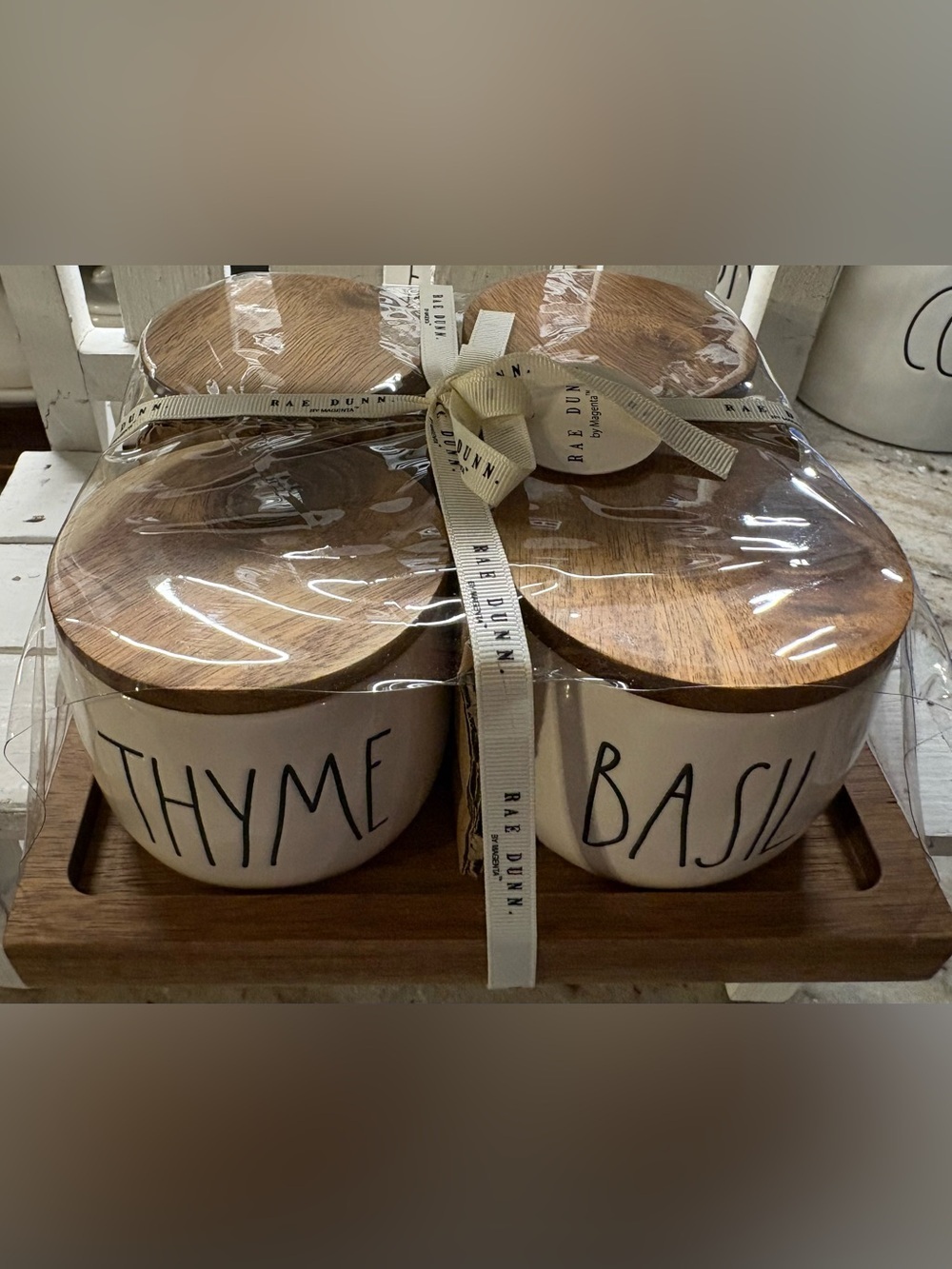 Rae Dunn Cream Ceramic Herb Canisters with Wood Lids